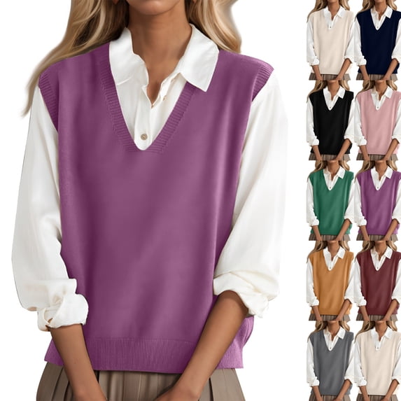 Sweater Vest Women Lightweight Sleeveless V Neck Sweaters Relaxed Fit Knitted Pull Over Sweater Vest Tops,Purple XL