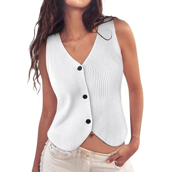 Sweater Vest Women Spring Summer Casual V Neck Sleeveless Button Down Waistcoat Knit Tank Tops