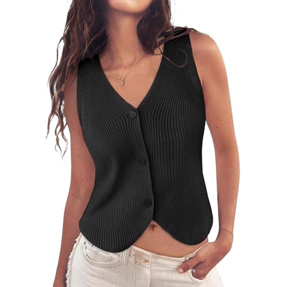 Sweater Vest Women Spring Summer Casual V Neck Sleeveless Button Down Waistcoat Knit Tank Tops