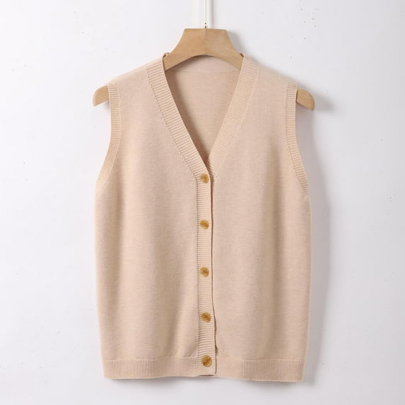 Sweater Vest Women V Neck Button Down Sleeveless Knit Cardigan Vest (Khaki M)
