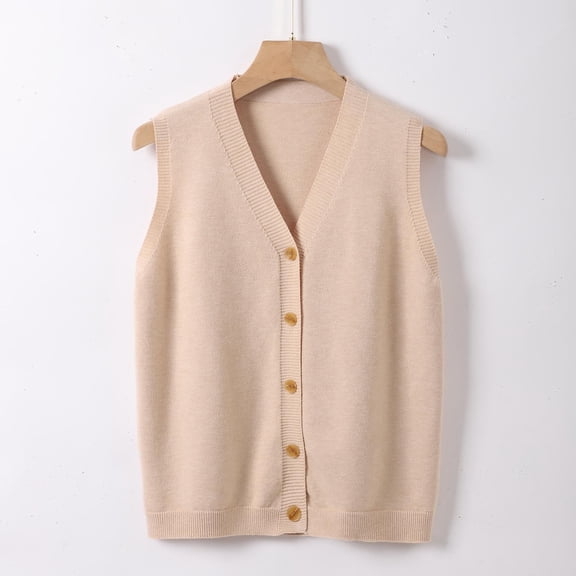 Sweater Vest Women V Neck Button Down Sleeveless Knit Cardigan Vest (Khaki XL)