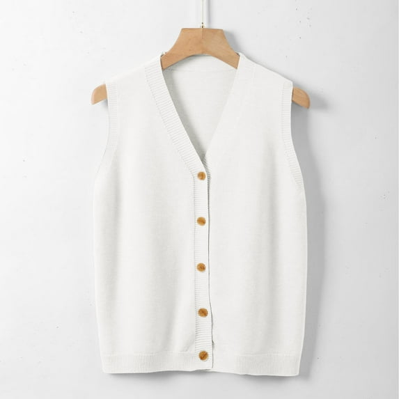 Sweater Vest Women V Neck Button Down Sleeveless Knit Cardigan Vest (White M)