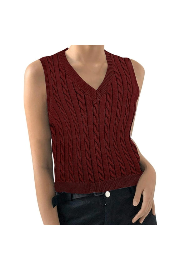 Sweater Vest Women, Women's Knitted V-neck Vest Sleeveless Pullover Uniform Cropped Sweater Vest QIPOPIQ Clearance