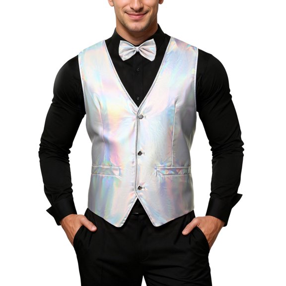 Sweater Vest for Men Disco Shiny Sleeveless Bow Tie Elegant Party Metic Glitter School Outfits for Teachers,Silver,M