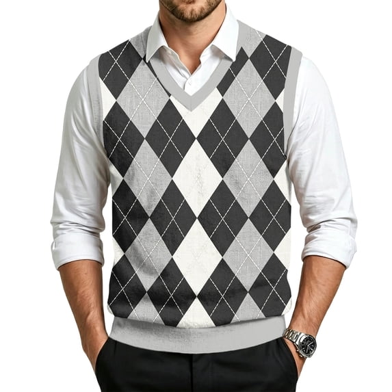 Sweater Vest for Men Relaxed Fit V Neck Sleeveless Argyle Knitted Pullover Autumn Winter Warm Sweater Tank Tops