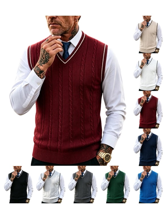 Sweater Vest for Men V Neck Cable Knit Sweater,Sleeveless Regular Fit Casual Pullover for Fall Winter Outdoor Vacation
