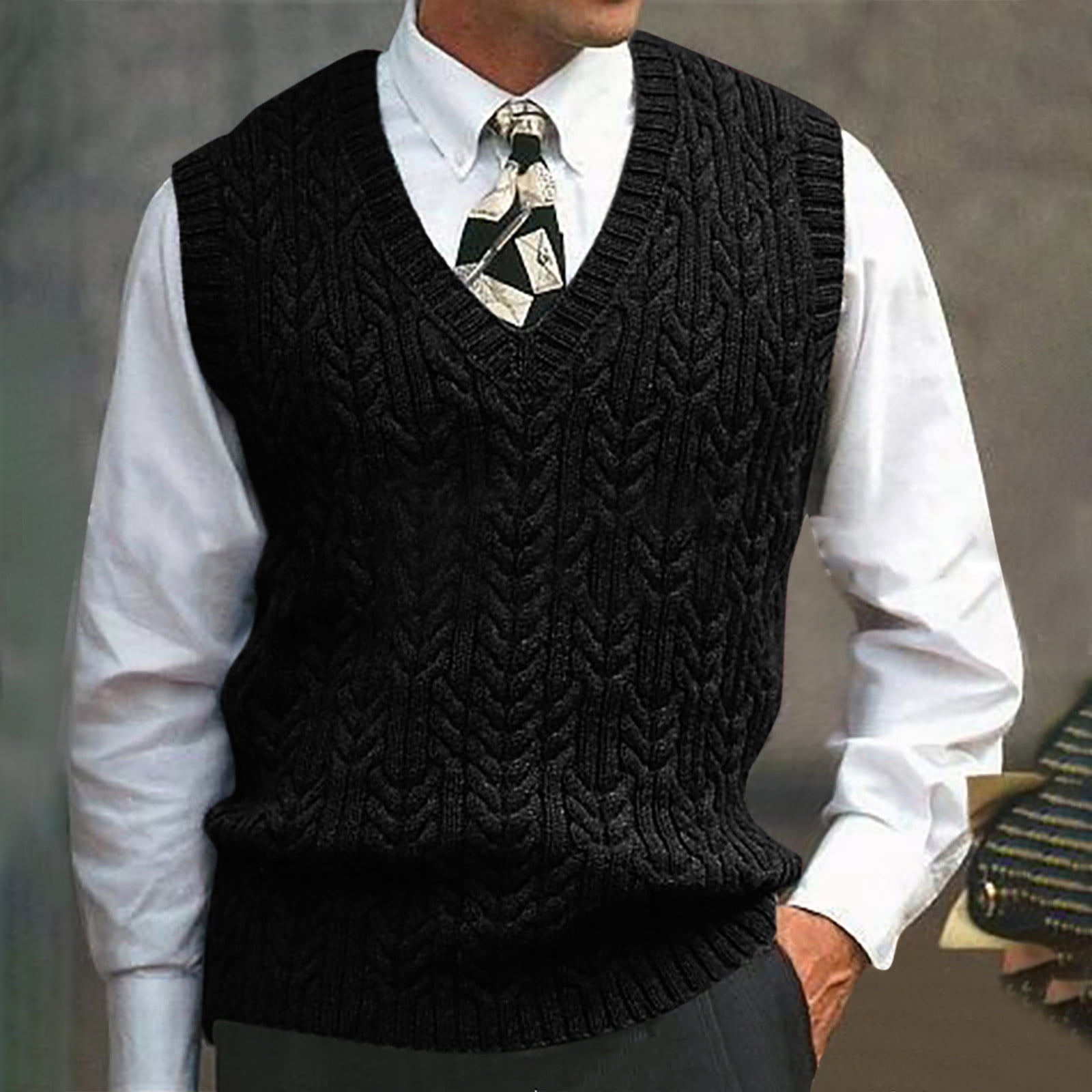 white shirt with black knitted vest
