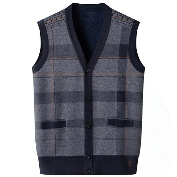 Sweater Vest for Men Winter Warm Fleece Lined Argyle Button V Neck Casual Sleeveless Knitted Cardigan Jumper Tops