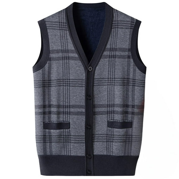 Sweater Vest for Men Winter Warm Fleece Lined Argyle Button V Neck Casual Sleeveless Knitted Cardigan Jumper Tops