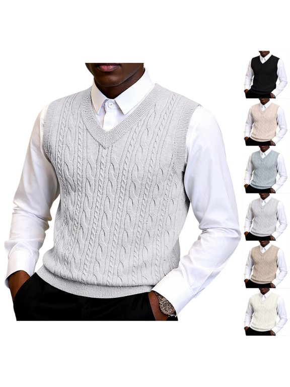 Sweater Vest for Mens Cable Knit V Neck Pullover Top Preppy Classic Ribbed Hem Soft Comfy for Office Golf Casual