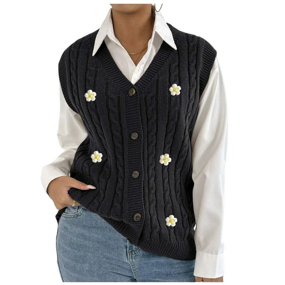 Sweater Vest for Women Button Down V Neck Sweater Ribbed Knit Outwear Tops Black Free Size
