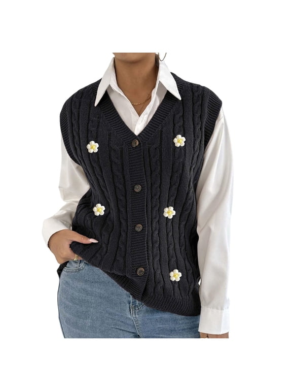 Sweater Vest for Women Button Down V Neck Sweater Ribbed Knit Outwear Tops Black Free Size