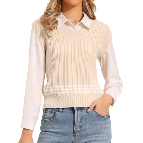 Sweater Vest for Women Sleeveless Crew Neck Casual Knitted Pullover Sweater Top S Beige