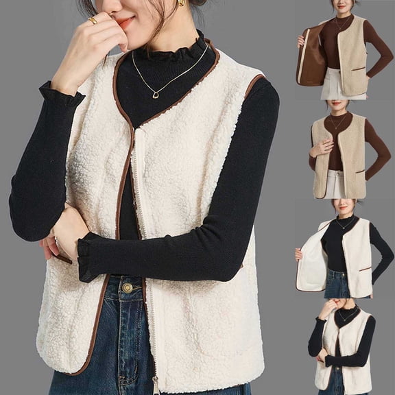 Sweater Vest for Women Solid Color Sleeveless Zipper Blouses Waistcoat Outwear(Beige 4XL)