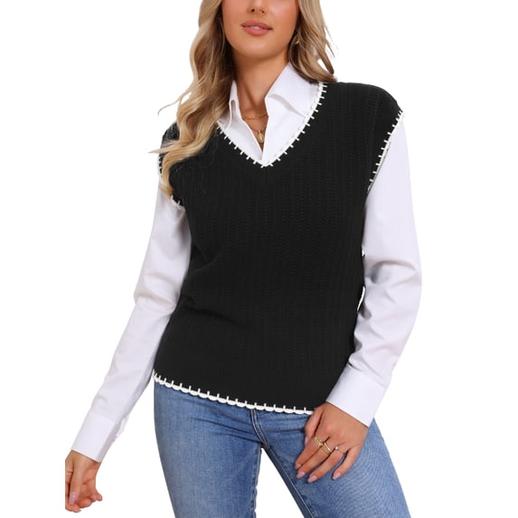 INSPIRE CHIC Women's Vest V Neck School Uniform Contrast Color Sleeveless Knit Pullover Tops L Black