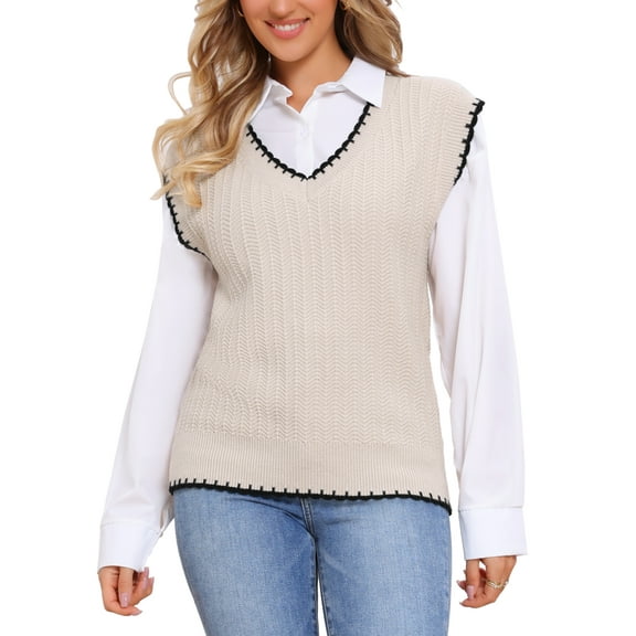 INSPIRE CHIC Women's Vest V Neck School Uniform Contrast Color Sleeveless Knit Pullover Tops L Khaki