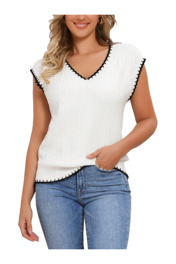 Women's Vest V Neck School Uniform Contrast Color Sleeveless Knit Pullover Tops S White
