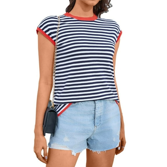 Sweater Vest women Casual Cap Sleeve Tops Crew Neck Striped Sweater Pullover Cute Short Sleeve Clothes Blue S