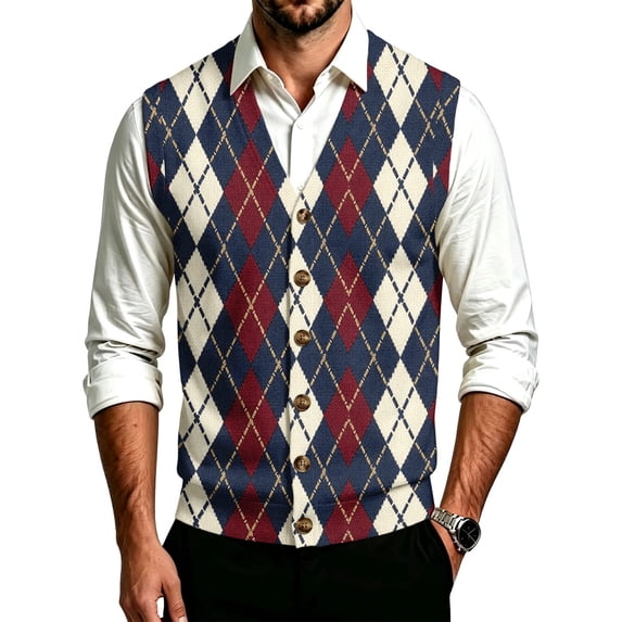 Wine Ribbed Knit Texture Sweater Vests for Men V Neck Button Front Sleeveless Argyle Print Knit ...