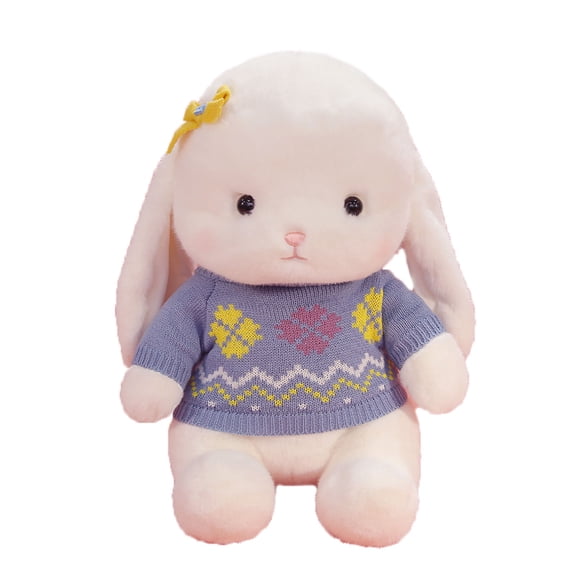 Sweater Wearing Long Ear Bunny Plush, 13.8in Stuffed Rabbit Doll Hugging Pillow, Cute Floppy Ear Soft Toy Sofa Decor Blue