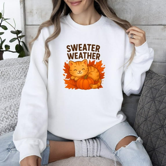 Sweater Weather Cute Autumn Cat With Pumpkin Pullover Sweatshirt