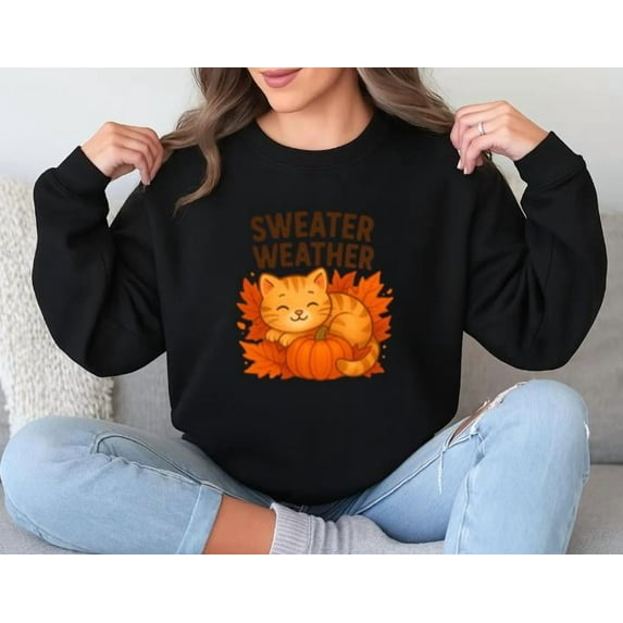 Sweater Weather Cute Autumn Cat With Pumpkin Pullover Sweatshirt