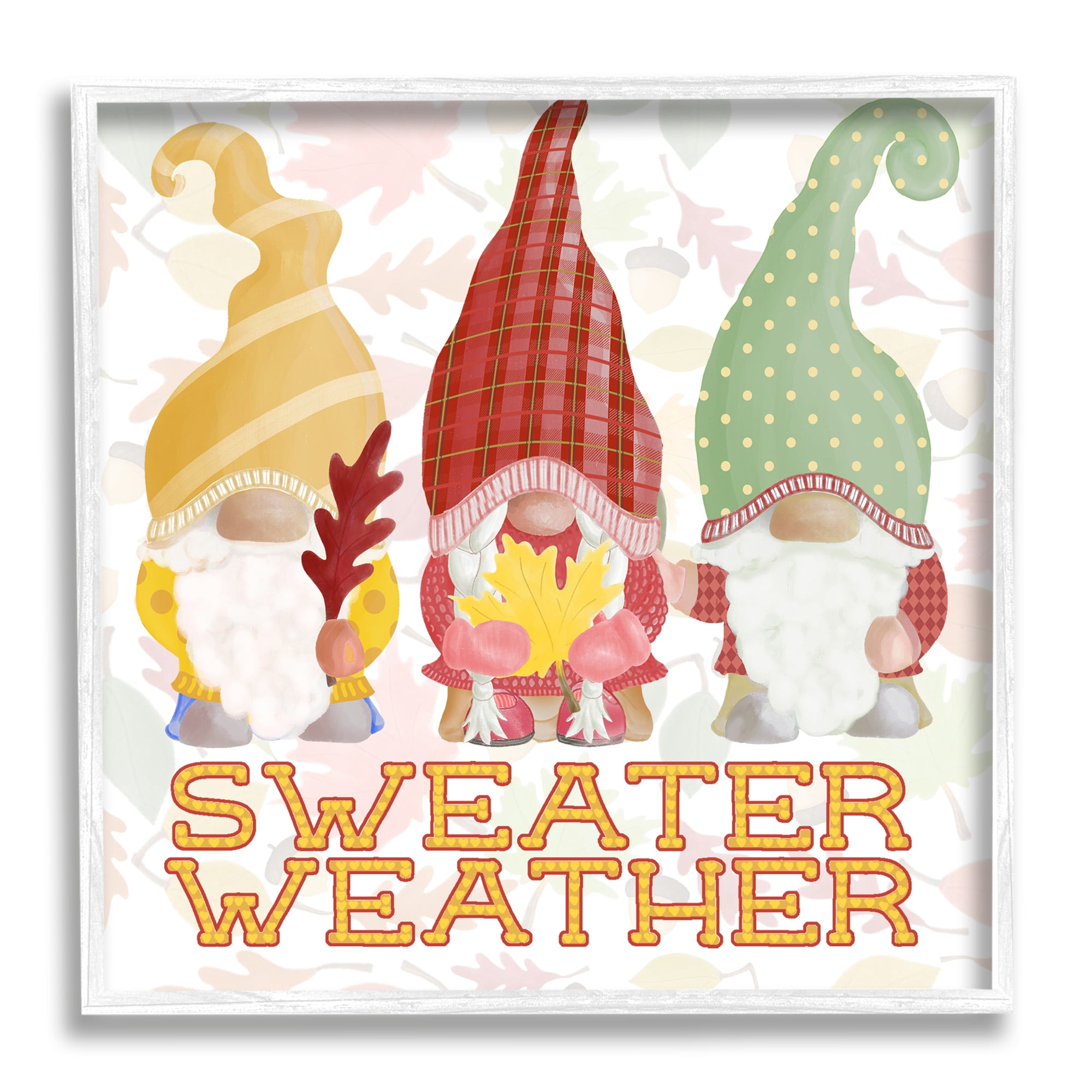 Sweater Weather Warmly Dressed Gnomes Leaf Pattern Inspirational Graphic Art Framed Art Print Wall Art