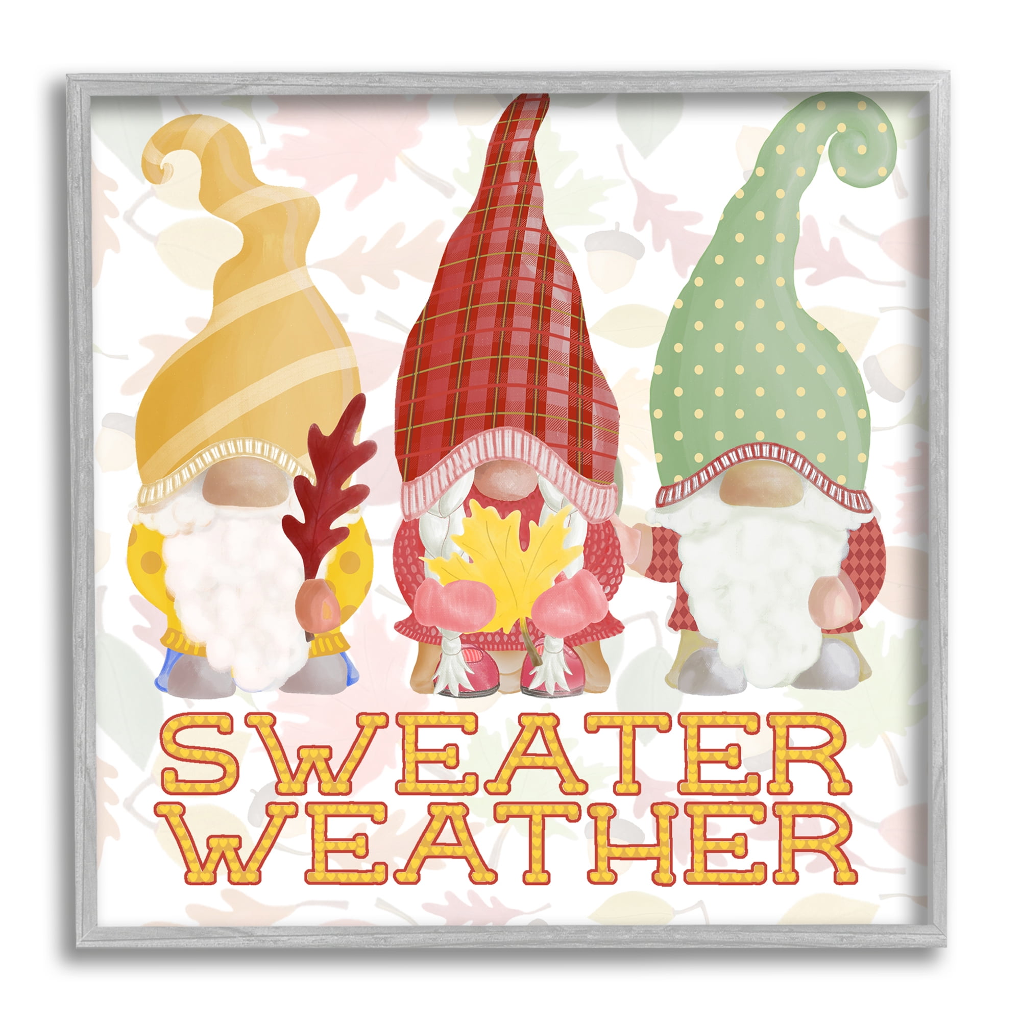 Sweater Weather Warmly Dressed Gnomes Leaf Pattern Inspirational Graphic Art Framed Art Print Wall Art