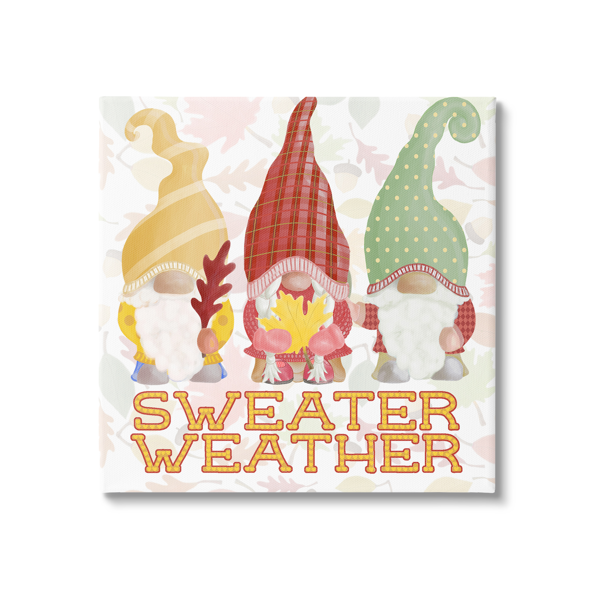 Sweater Weather Warmly Dressed Gnomes Leaf Pattern Inspirational Graphic Art Gallery-Wrapped Canvas Print Wall Art