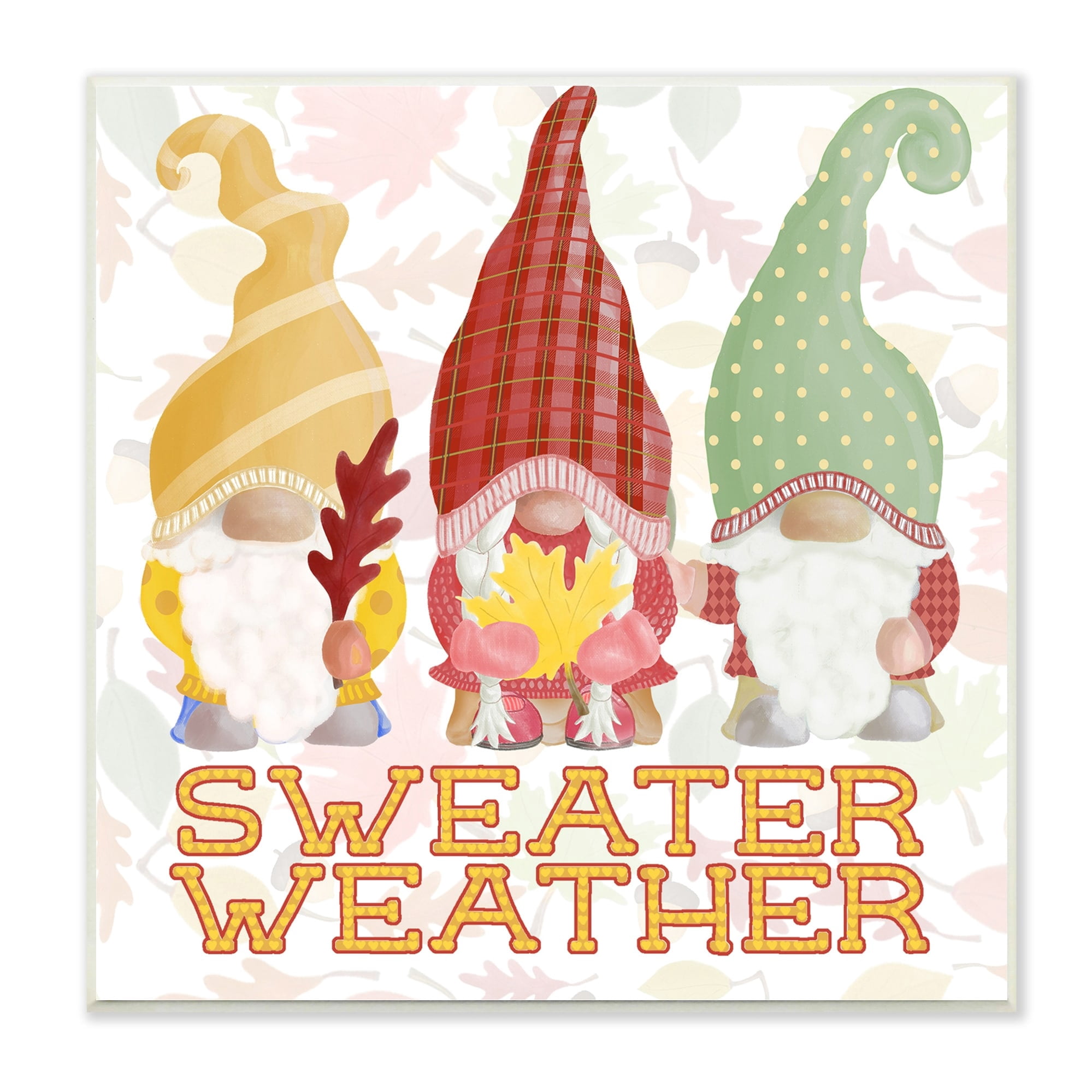 Sweater Weather Warmly Dressed Gnomes Leaf Pattern Inspirational Graphic Art Unframed Art Print Wall Art