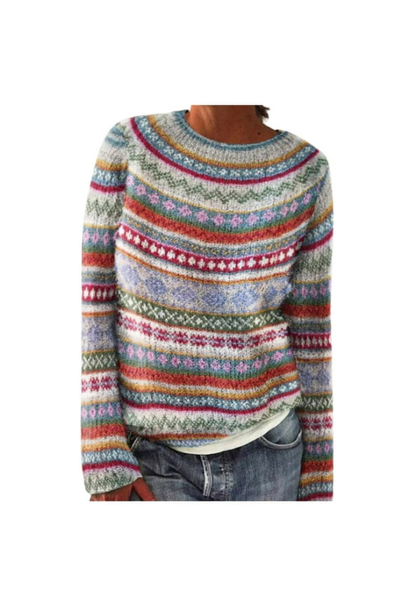 Women's Knitted Fair Isle Print Retro Argyle Sweater Casual Loose Crewneck Long Sleeve Lightweight Cropped Pullover Tops