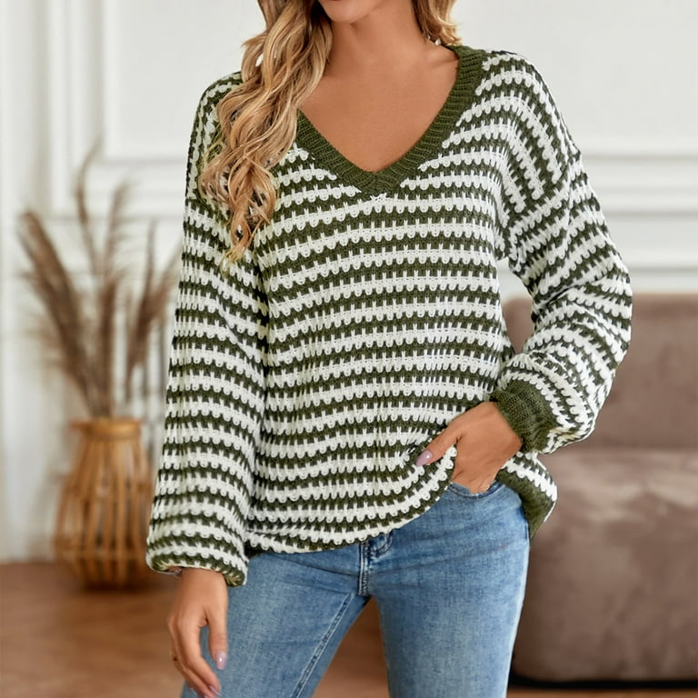 Sweater for Women Women s Knitted Long Sleeve Striped Cozy Casual Pullover Sweater Warm 2024 Sweaters for Women Comfortable Pullover Fall Sweaters Sale Today s Walmart