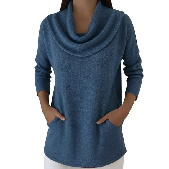 Sweater Women, Yigetop Women's Blouse Solid Color Stylish Casual Long Sleeve Cowl Neck Regular Tops Daily Ruched Cowl Neck Tops for Women Blue XL
