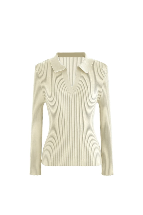 Sweater Women's V Neck Knit Bottom Shirt Long Sleeve Collar Vertical Stripes Solid Color Cute Spring Autumn Winter Button down Blouse for Women Super Tight Sleeve Ladies Tops 3/4 Sleeve Tunic T Shirt