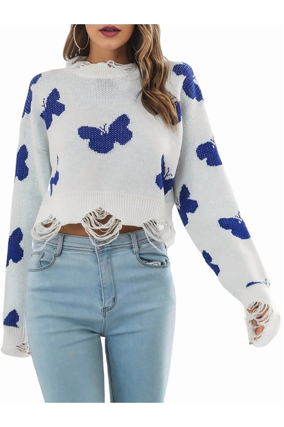 Sweater Y2K Harajuku Hip Hop Knit Butterfly Pullover Goth Fairy Streetwear Punk Tops Clothes White M