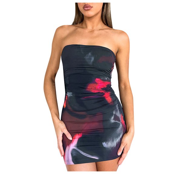 Sweater dress Women's Spring New Trend Tube Top Printed Pleated Pullover Wrapped Short Dress