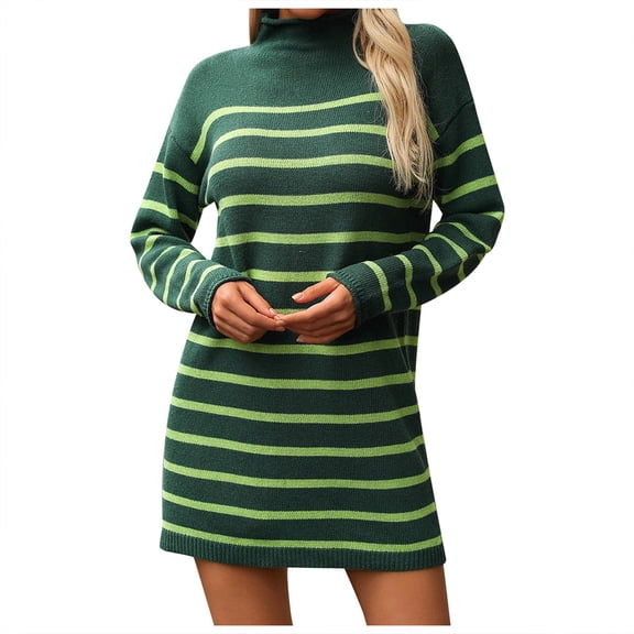 Sweater dress Women's Striped Knit Sweater High Neck Long Sleeve Top With Matching Midi Skirt Set