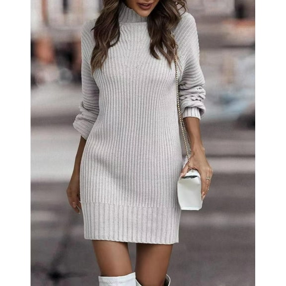 QIYULANC Women's Turtleneck Sweater Dress - Long Sleeve Solid Midi Dress, Elegant Casual Knit Dress for Fall/Winter
