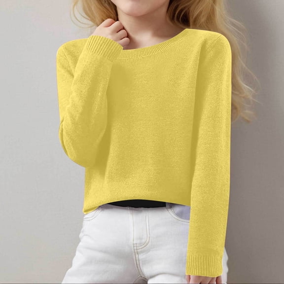 Sweater for Girls 2025 Trendy Long Sleeve Crewneck Knit Pullovers Casual Loose Winter Warm Cute Solid Tops Yellow 170