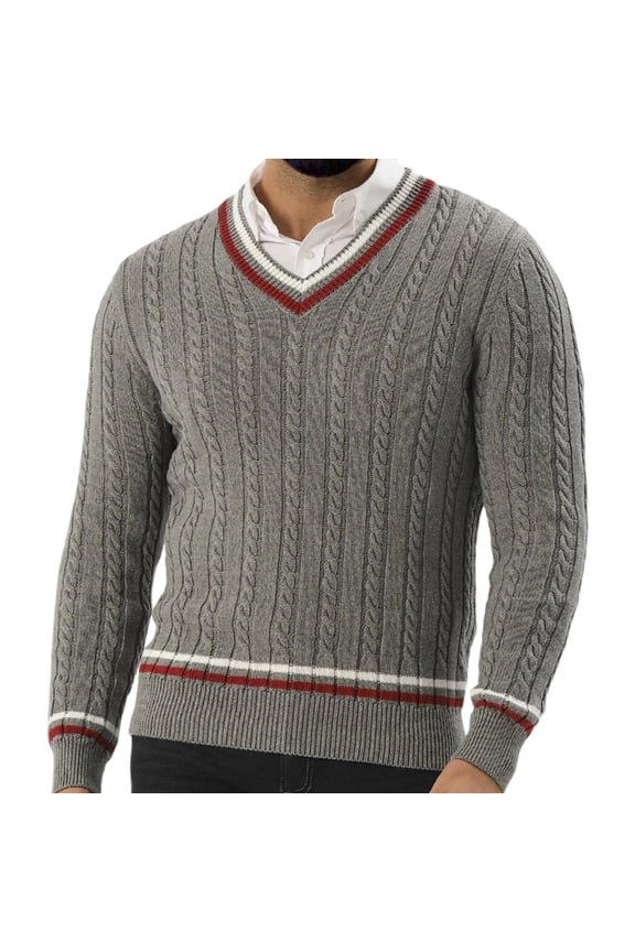 Sweater for Men Cable Knit V Neck Sweater Long Sleeve Pullover with Striped Ribbed Trim Classic Fit Soft Material