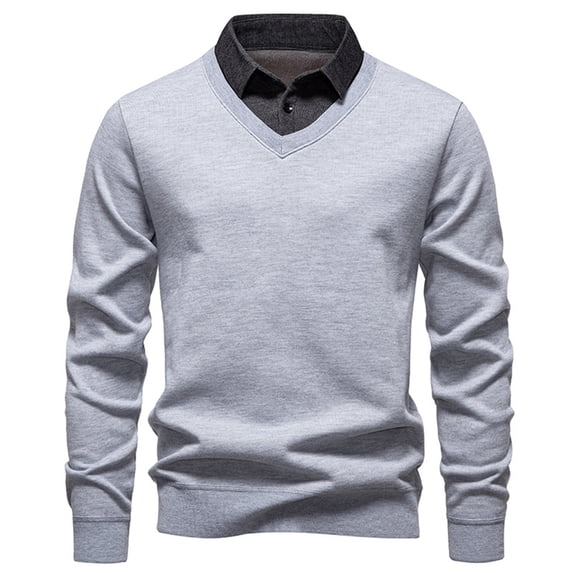Sweater for Men Knit Tops Blouse Two-Piece Shirt Collar Solid Long Sleeve Crew Neck Casual Fall Winter Pullover