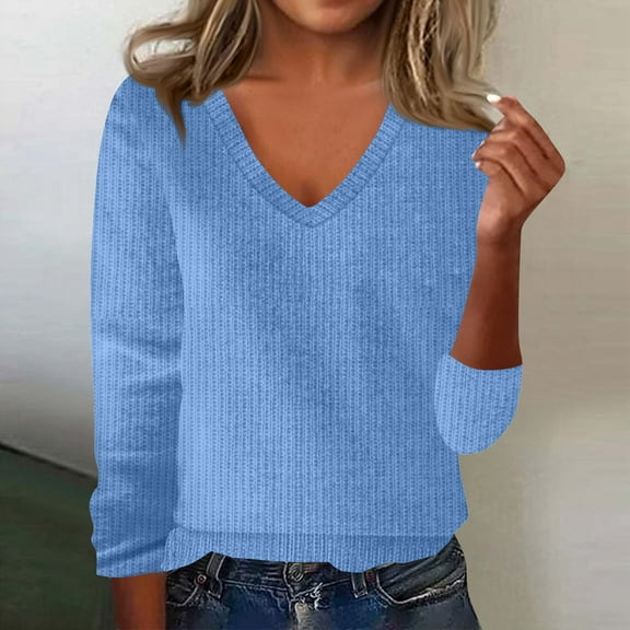 Sweater for Women 2025 Trendy V Neck Long Sleeve Knitted Pullover Tops Lightweight Soft Comfy Warm Sweater Blue S