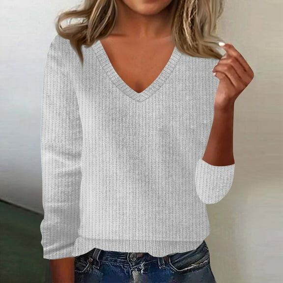 Sweater for Women 2025 Trendy V Neck Long Sleeve Knitted Pullover Tops Lightweight Soft Comfy Warm Sweater Gray S