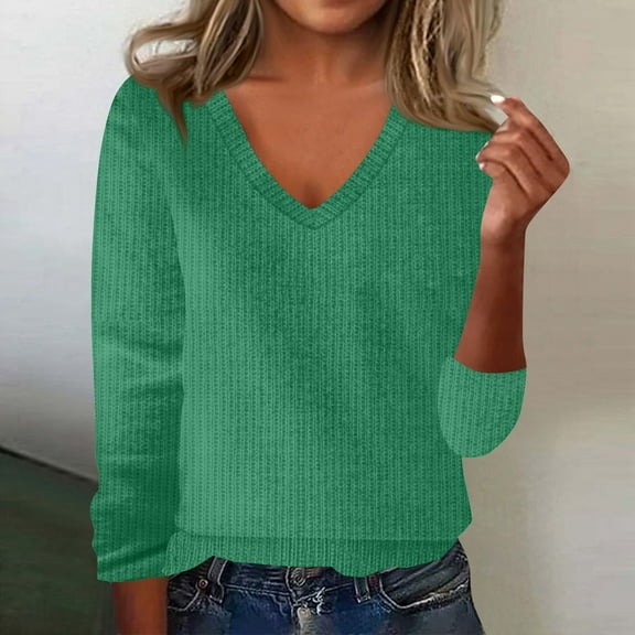 Sweater for Women 2025 Trendy V Neck Long Sleeve Knitted Pullover Tops Lightweight Soft Comfy Warm Sweater Green M