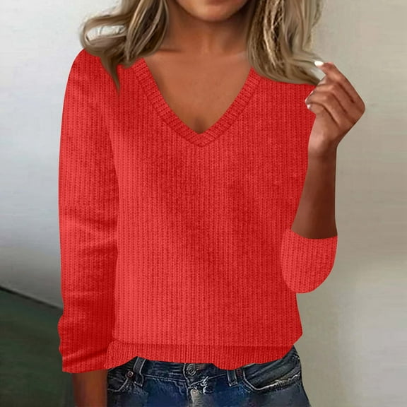 Sweater for Women 2025 Trendy V Neck Long Sleeve Knitted Pullover Tops Lightweight Soft Comfy Warm Sweater Red M