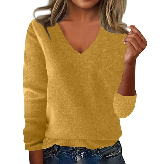 Sweater for Women 2025 Trendy V Neck Long Sleeve Knitted Pullover Tops Lightweight Soft Comfy Warm Sweater Yellow L