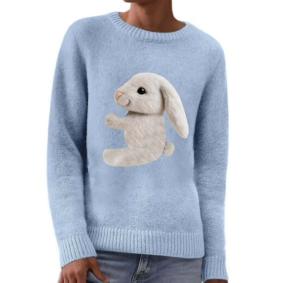 Sweater for Women 2026 Cute Cartoon Rabbit Long Sleeve Crew Neck Chunky ...