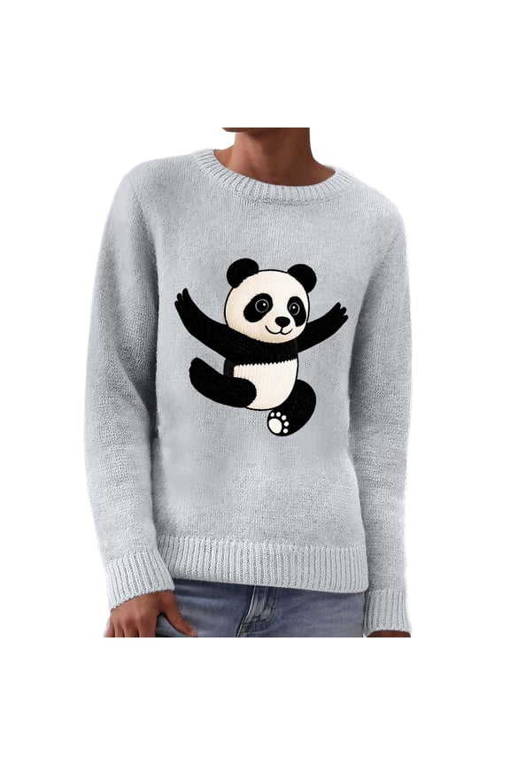 Sweater for Women 2026 Cute Panda Graphic Long Sleeve Crew Neck Knitted Lightweight Sweaters Light Gray