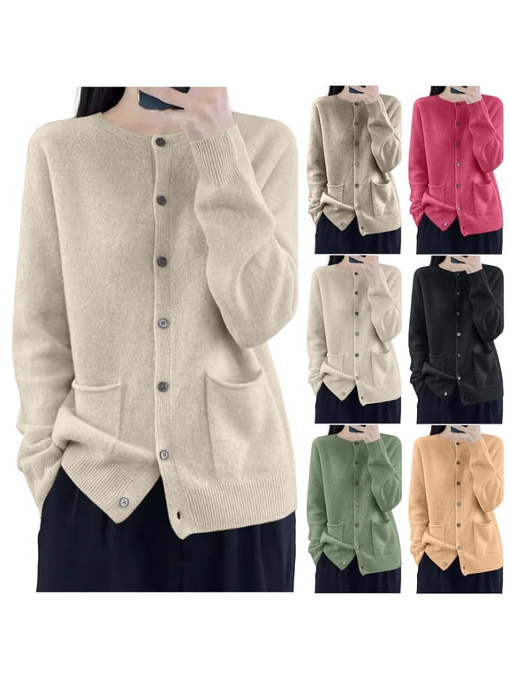 Sweater for Women Button Down Cardigan Crew Neck Long Sleeve with Pockets Loose Fit Sweater