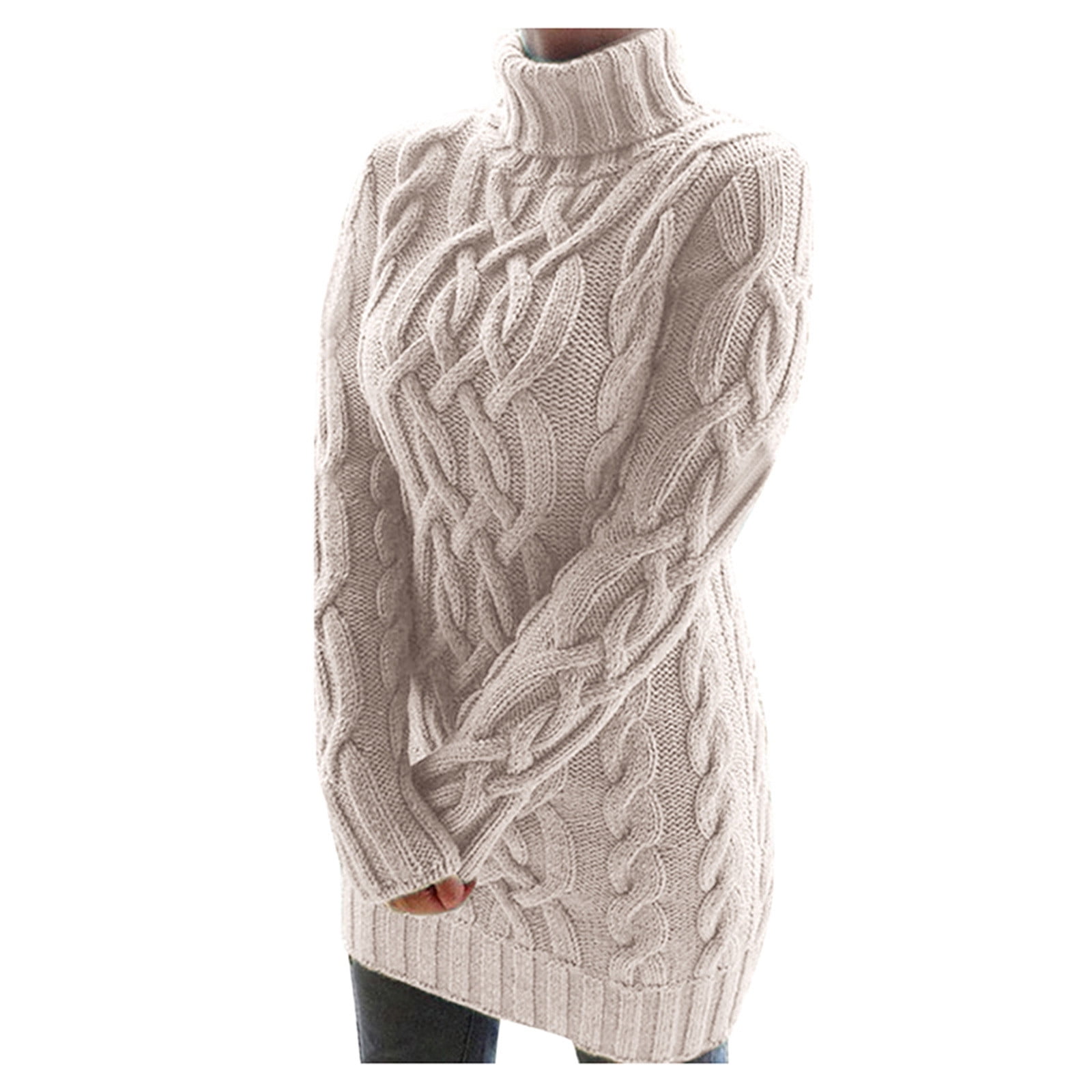 Sweater for Women Cable Knitted Long Sleeve Turtleneck Knitted Mini Dress Casual Slim Cozy Sweaters